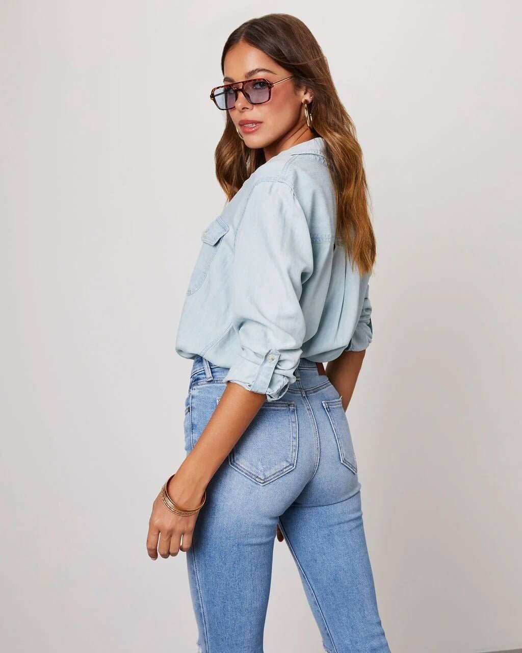 Chemise en Denim en Polyester pour Femme avec Col Rabattu et Manches Longues