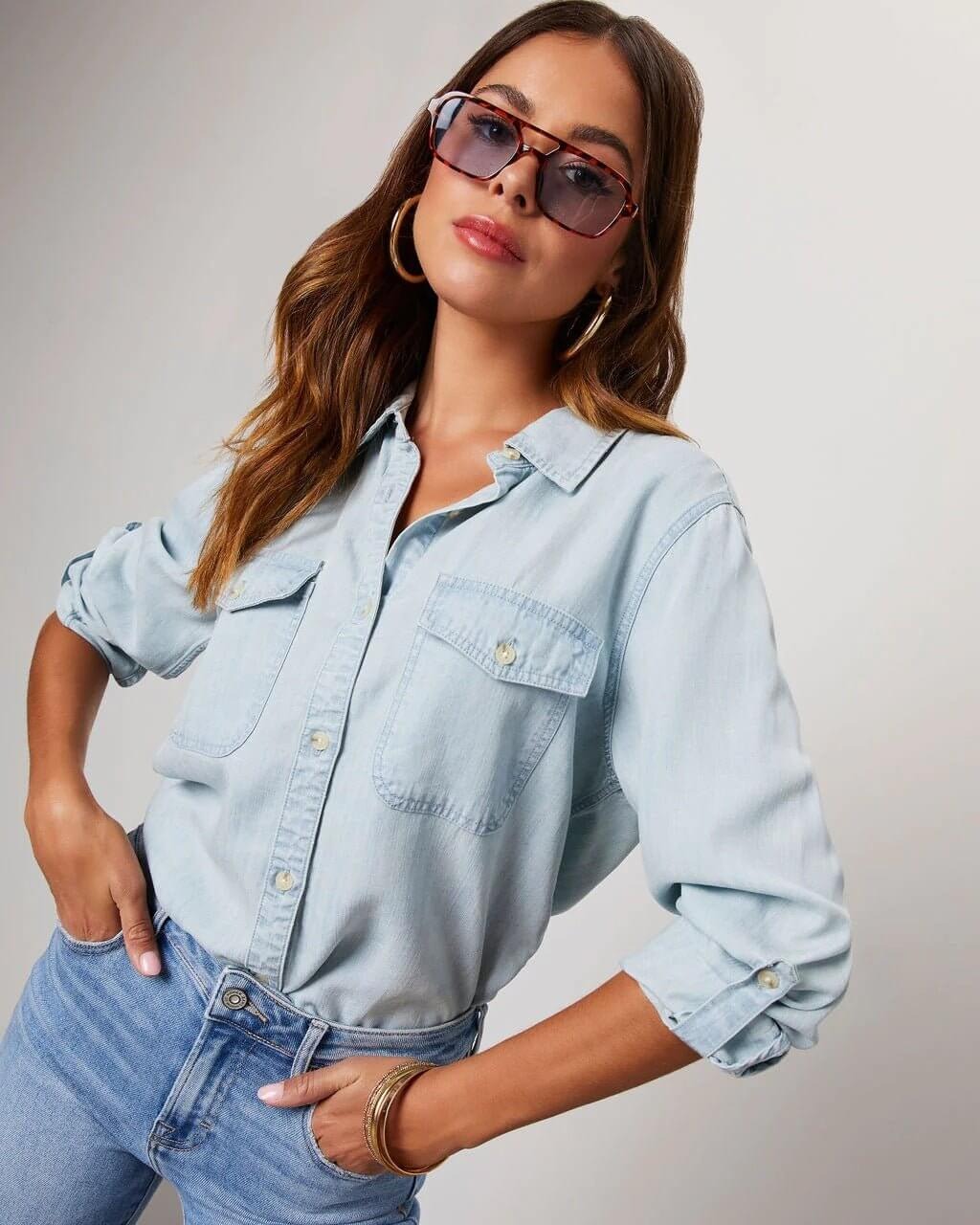 Chemise en Denim en Polyester pour Femme avec Col Rabattu et Manches Longues