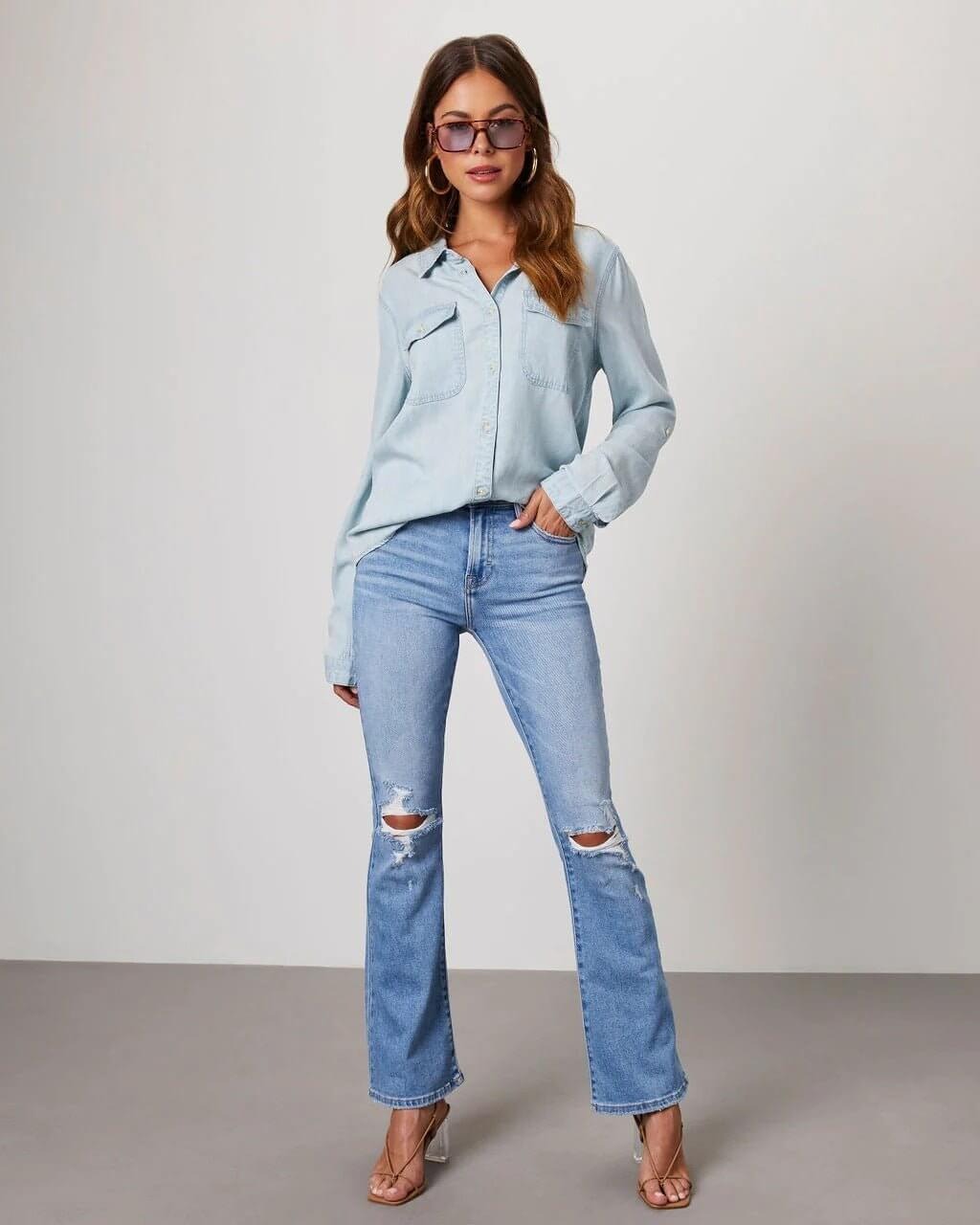 Chemise en Denim en Polyester pour Femme avec Col Rabattu et Manches Longues