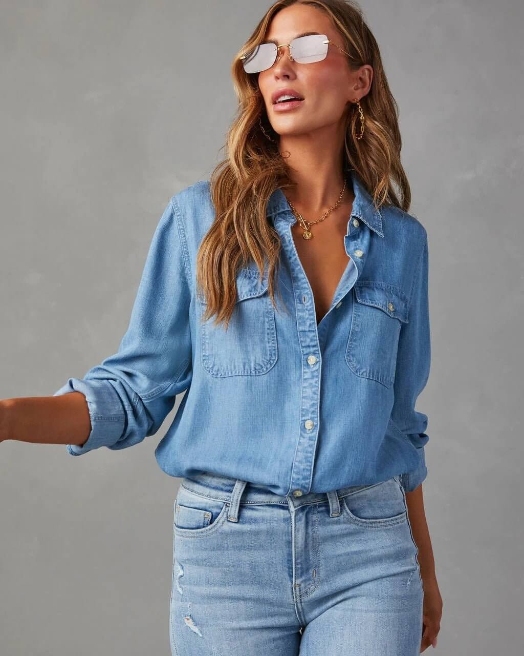 Chemise en Denim en Polyester pour Femme avec Col Rabattu et Manches Longues