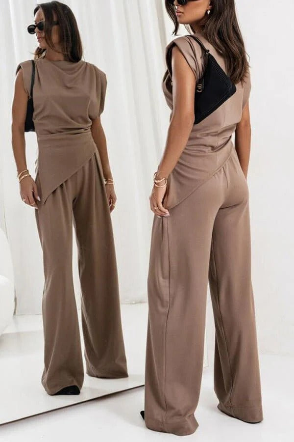 Ensemble Pantalon Long et Top Sans Manches avec Col Ronde et Détail Drapé
