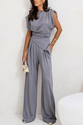 Ensemble Pantalon Long et Top Sans Manches avec Col Ronde et Détail Drapé