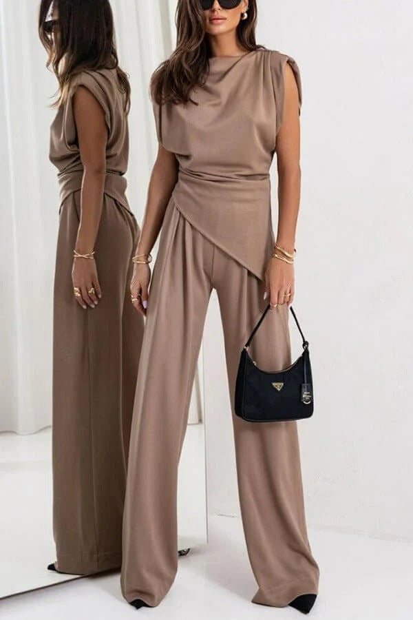 Ensemble Pantalon Long et Top Sans Manches avec Col Ronde et Détail Drapé