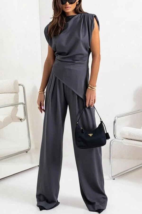 Ensemble Pantalon Long et Top Sans Manches avec Col Ronde et Détail Drapé