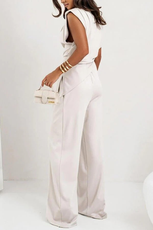 Ensemble Pantalon Long et Top Sans Manches avec Col Ronde et Détail Drapé