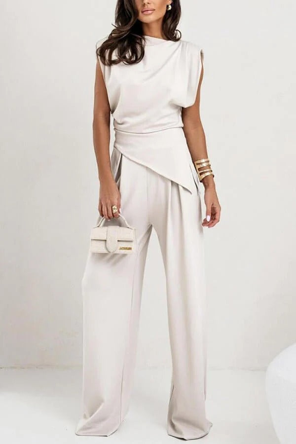 Ensemble Pantalon Long et Top Sans Manches avec Col Ronde et Détail Drapé