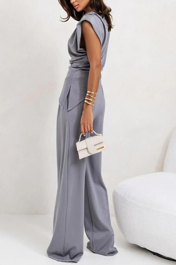 Ensemble Pantalon Long et Top Sans Manches avec Col Ronde et Détail Drapé