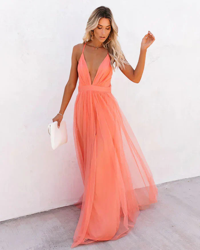 Robe Longue en Chiffon avec Décolleté en V Profond et Dos Nu avec Bretelles