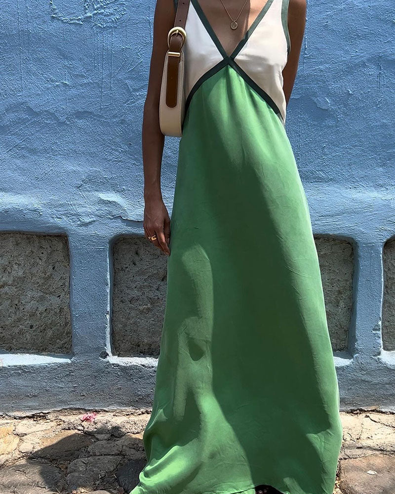 Robe Longue en Polyester avec Col en V et Design Patchwork Contrasté