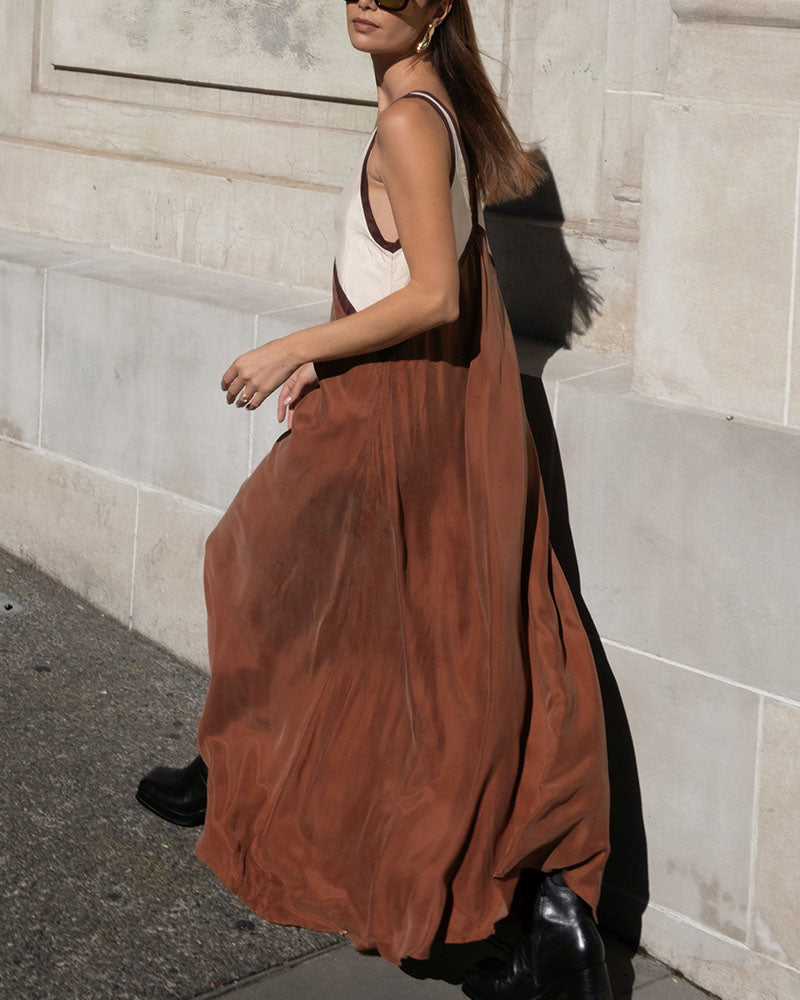 Robe Longue en Polyester avec Col en V et Design Patchwork Contrasté