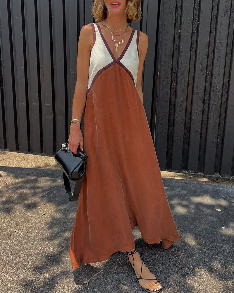 Robe Longue en Polyester avec Col en V et Design Patchwork Contrasté
