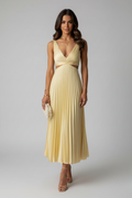 Robe Longue en Polyester et Spandex avec Col en V Plissé et Taille Découverte