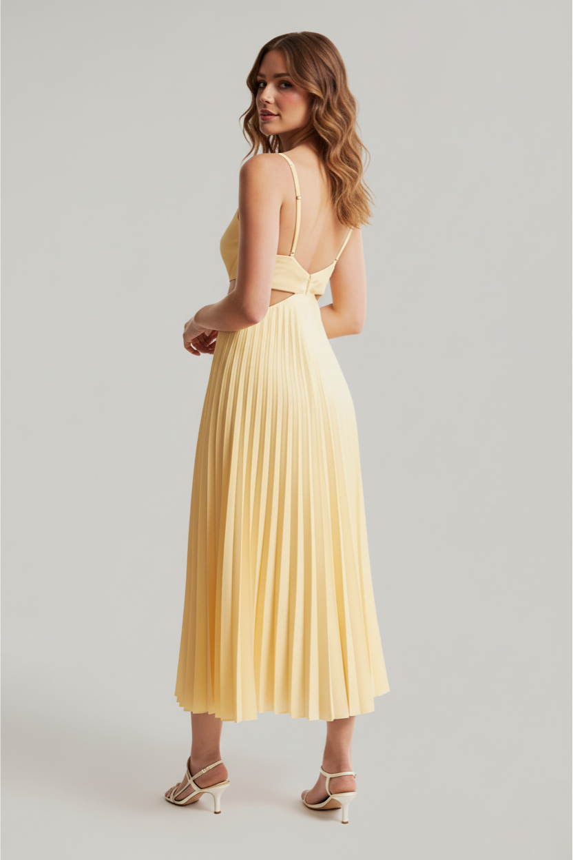 Robe Longue en Polyester et Spandex avec Col en V Plissé et Taille Découverte