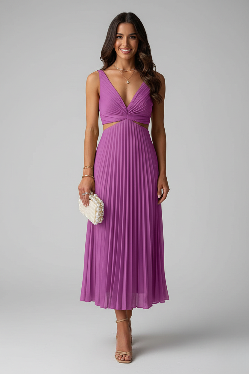 Robe Longue en Polyester et Spandex avec Col en V Plissé et Taille Découverte
