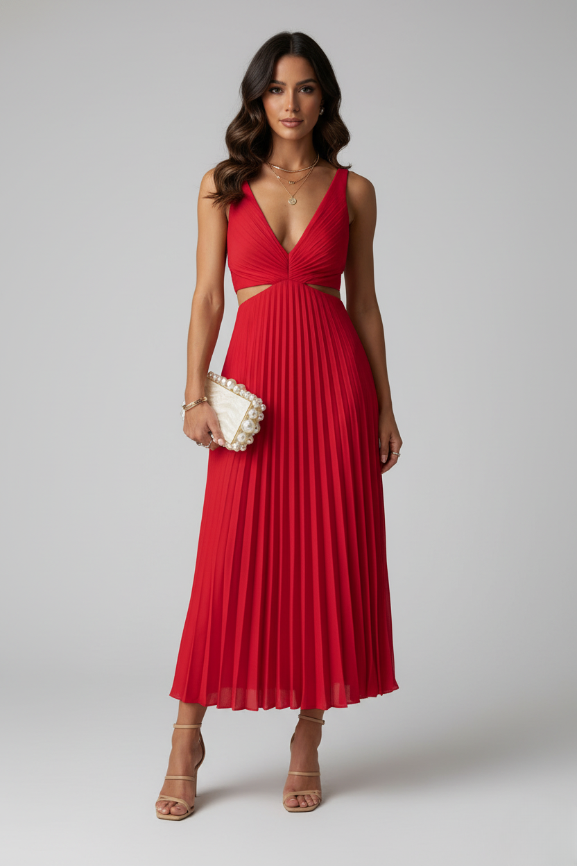 Robe Longue en Polyester et Spandex avec Col en V Plissé et Taille Découverte