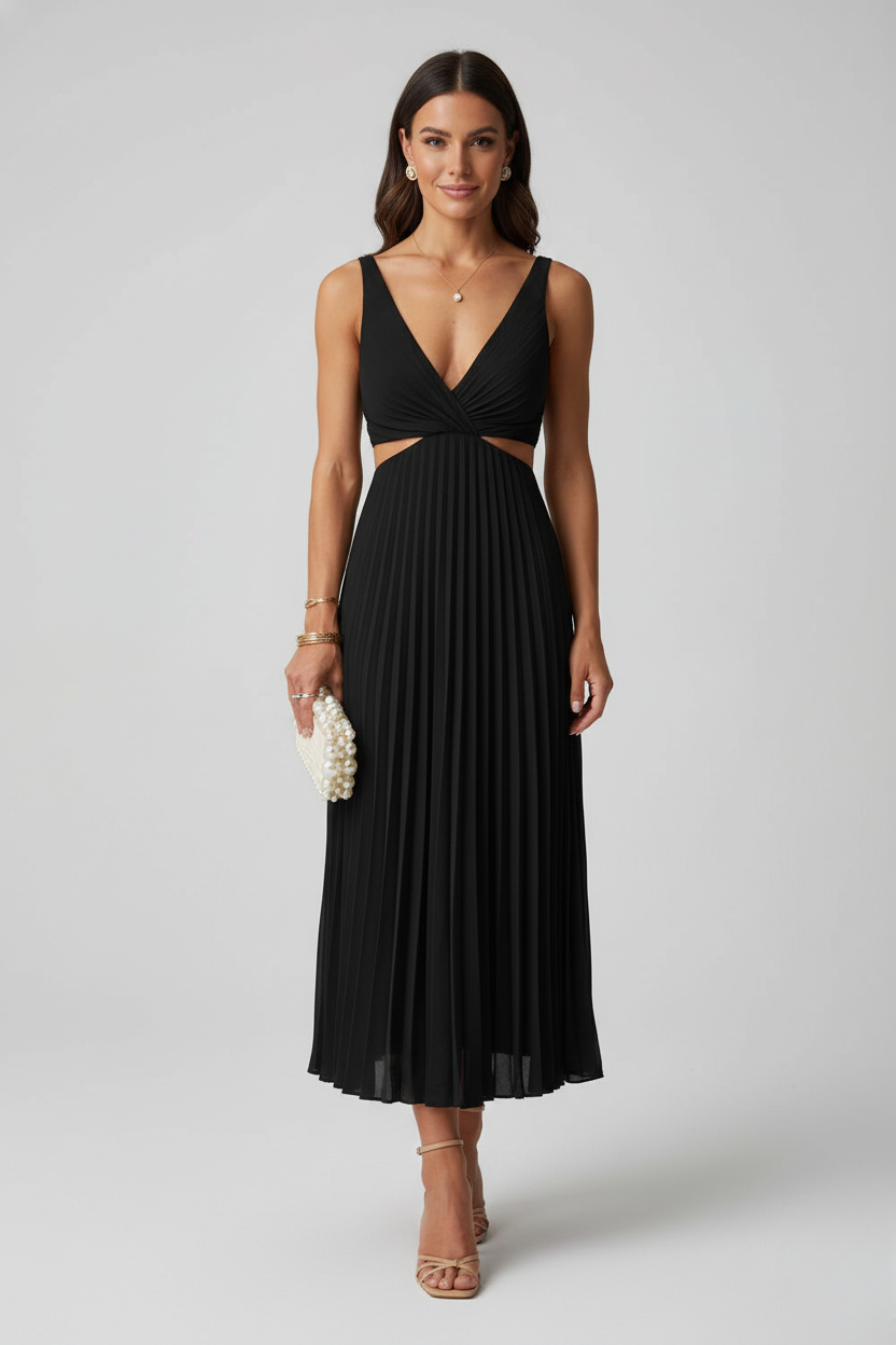 Robe Longue en Polyester et Spandex avec Col en V Plissé et Taille Découverte