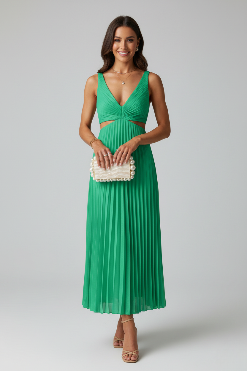 Robe Longue en Polyester et Spandex avec Col en V Plissé et Taille Découverte
