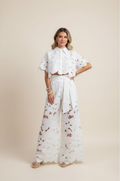 Ensemble de Deux Pièces en Polyester avec Chemise en Dentelle Découpée et Pantalon Large