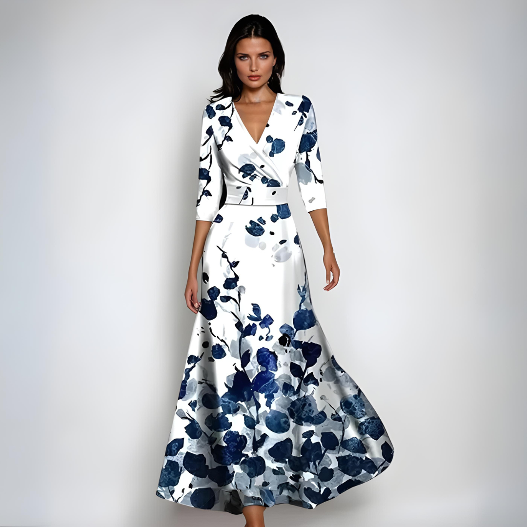 Robe Longue à Manches Longues avec Décolleté en V et Imprimé Floral pour Femme