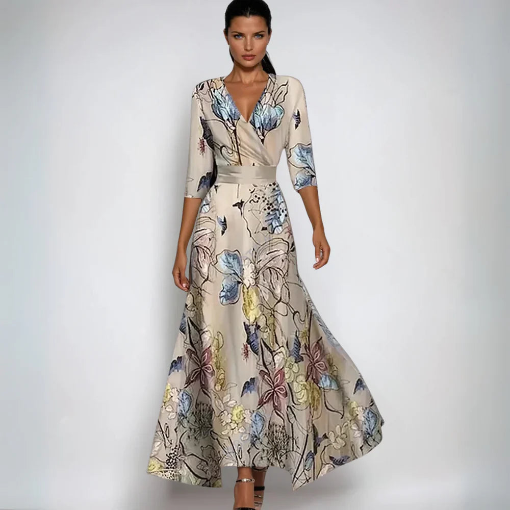 Robe Longue à Manches Longues avec Décolleté en V et Imprimé Floral pour Femme