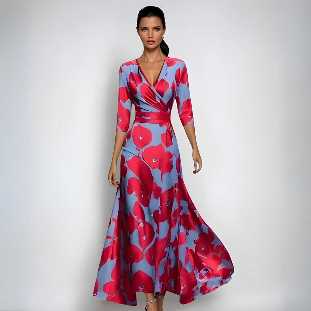 Robe Longue à Manches Longues avec Décolleté en V et Imprimé Floral pour Femme