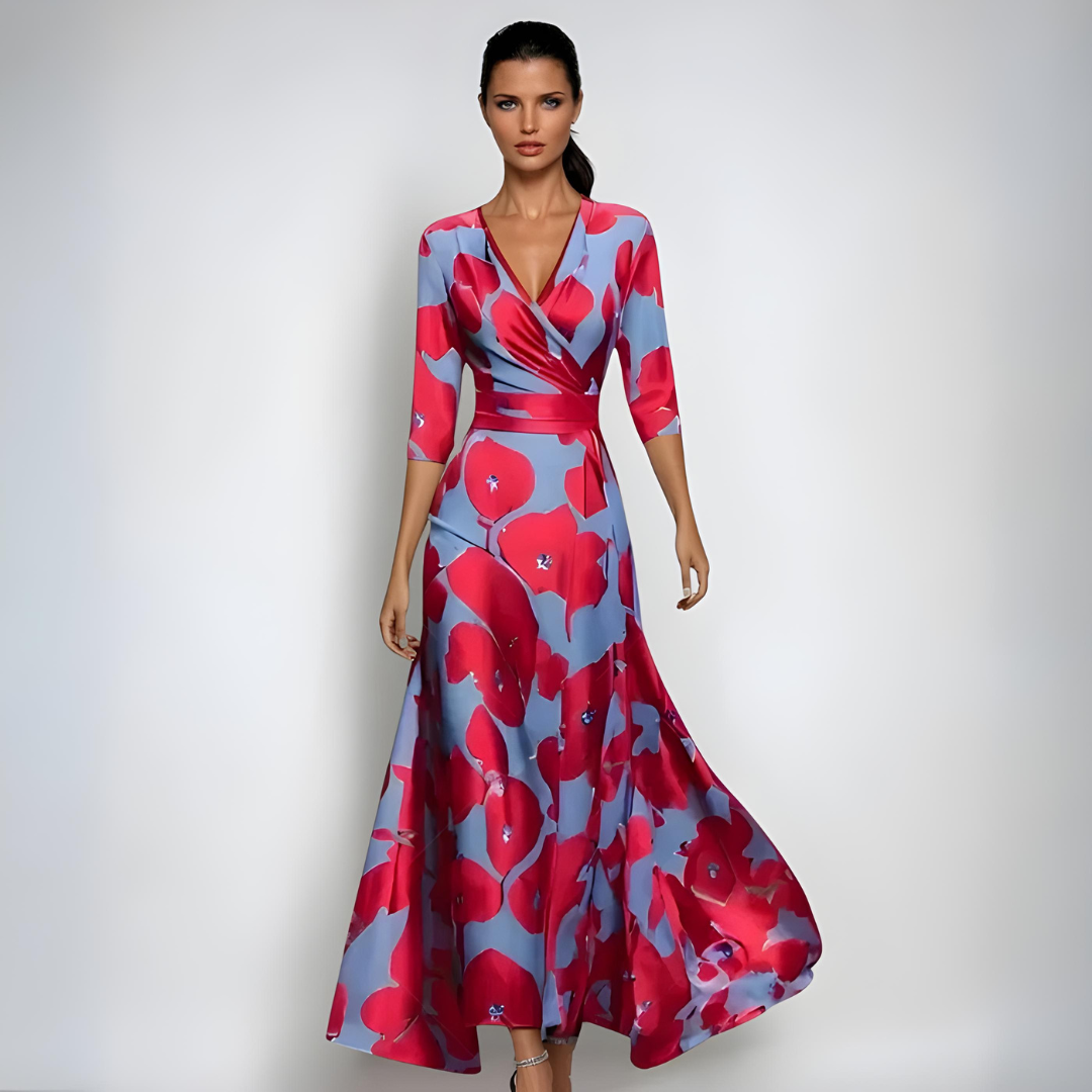Robe Longue à Manches Longues avec Décolleté en V et Imprimé Floral pour Femme