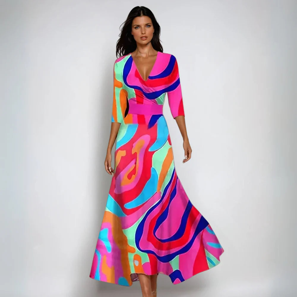 Robe Longue à Manches Longues avec Décolleté en V et Imprimé Floral pour Femme
