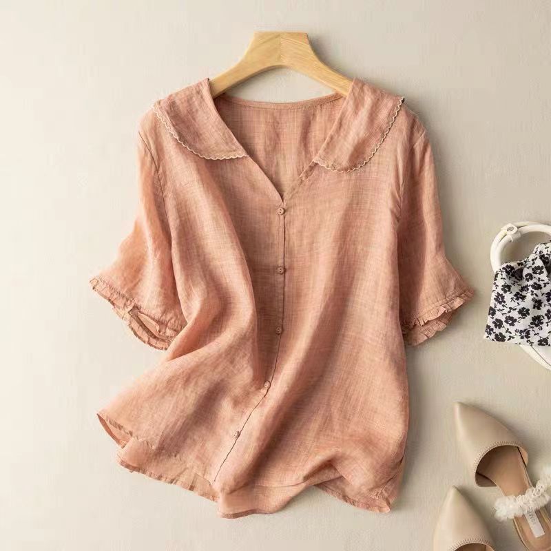 Blouse en Lin de Style Vintage avec Col Festonné et Boutons pour Femme