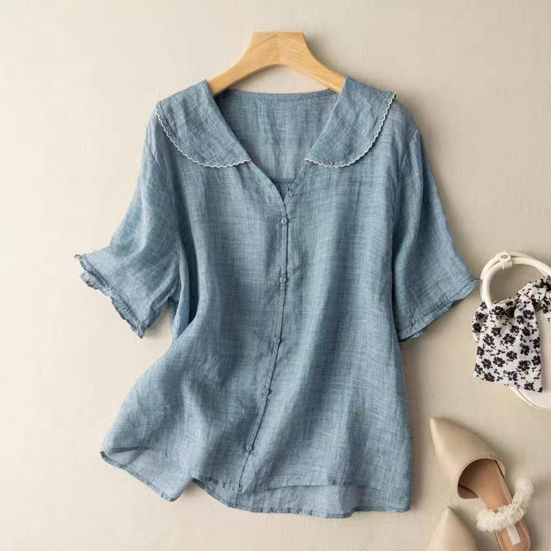 Blouse en Lin de Style Vintage avec Col Festonné et Boutons pour Femme