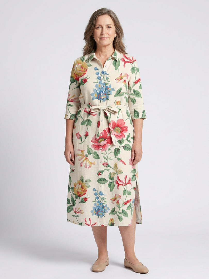 Maribel | Robe Midi Fleurie à Manches Mi-Longues et Boutonnée