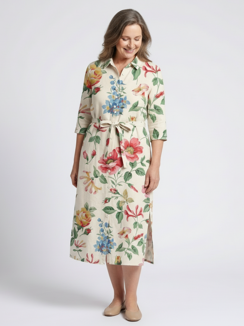 Maribel | Robe Midi Fleurie à Manches Mi-Longues et Boutonnée