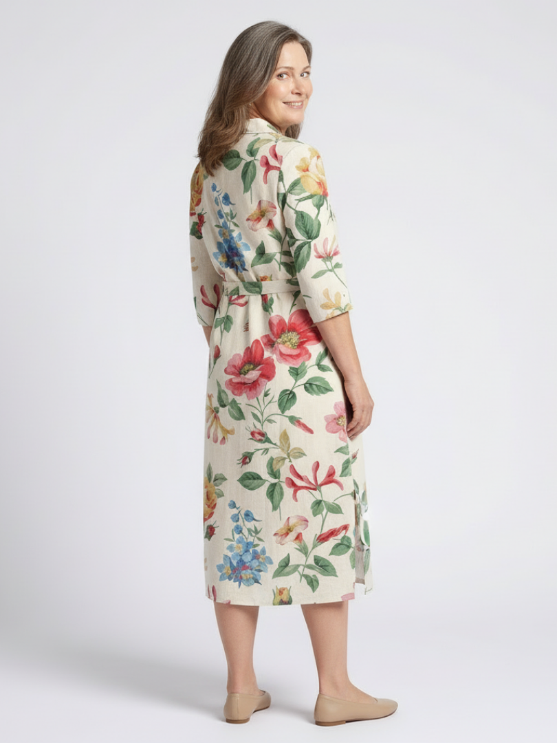 Maribel | Robe Midi Fleurie à Manches Mi-Longues et Boutonnée