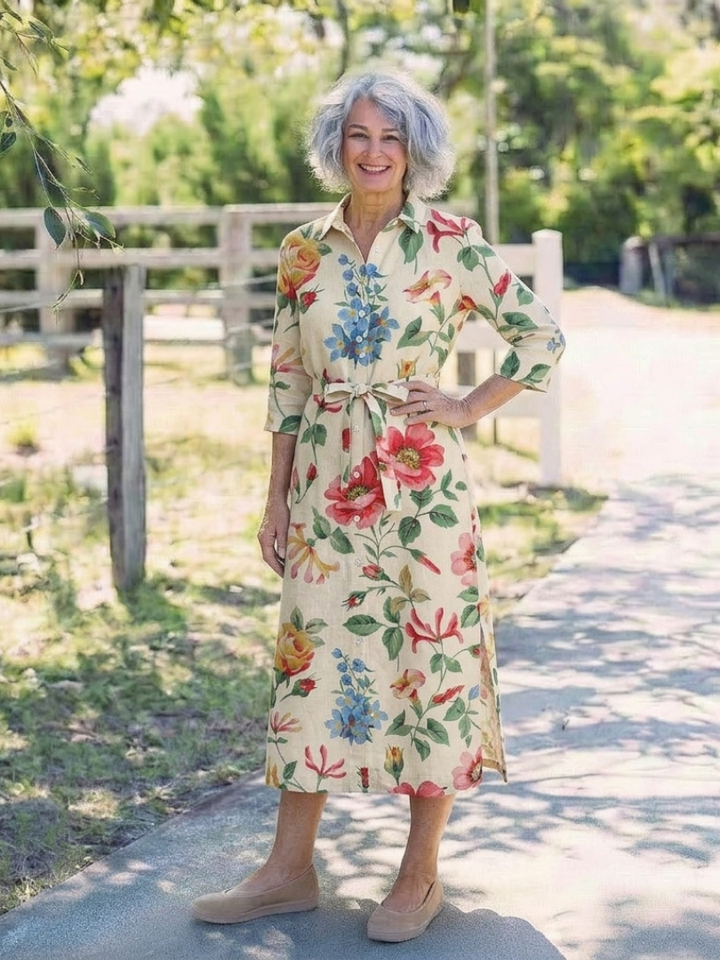 Maribel | Robe Midi Fleurie à Manches Mi-Longues et Boutonnée