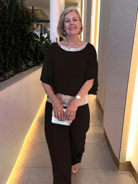 Ensemble de Soirée Élégant : Top Pailleté & Pantalon Palazzo