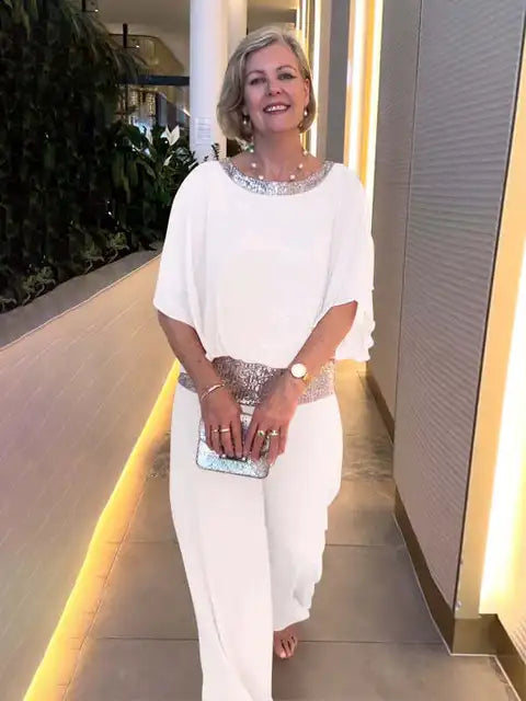 Ensemble de Soirée Élégant : Top Pailleté & Pantalon Palazzo