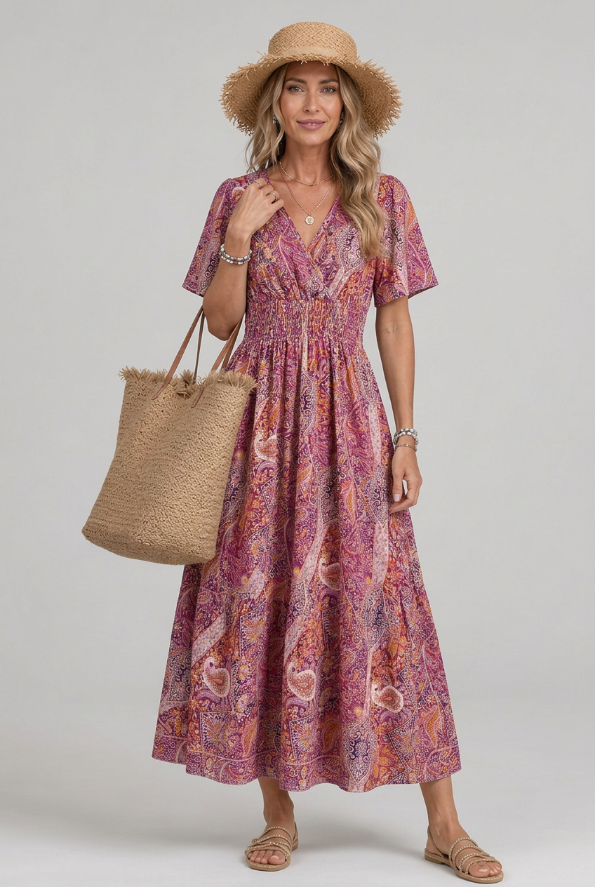 Marisela | Robe Maxi Femme en Imprimé Paisley Bohémien à Col V et Taille Smockée