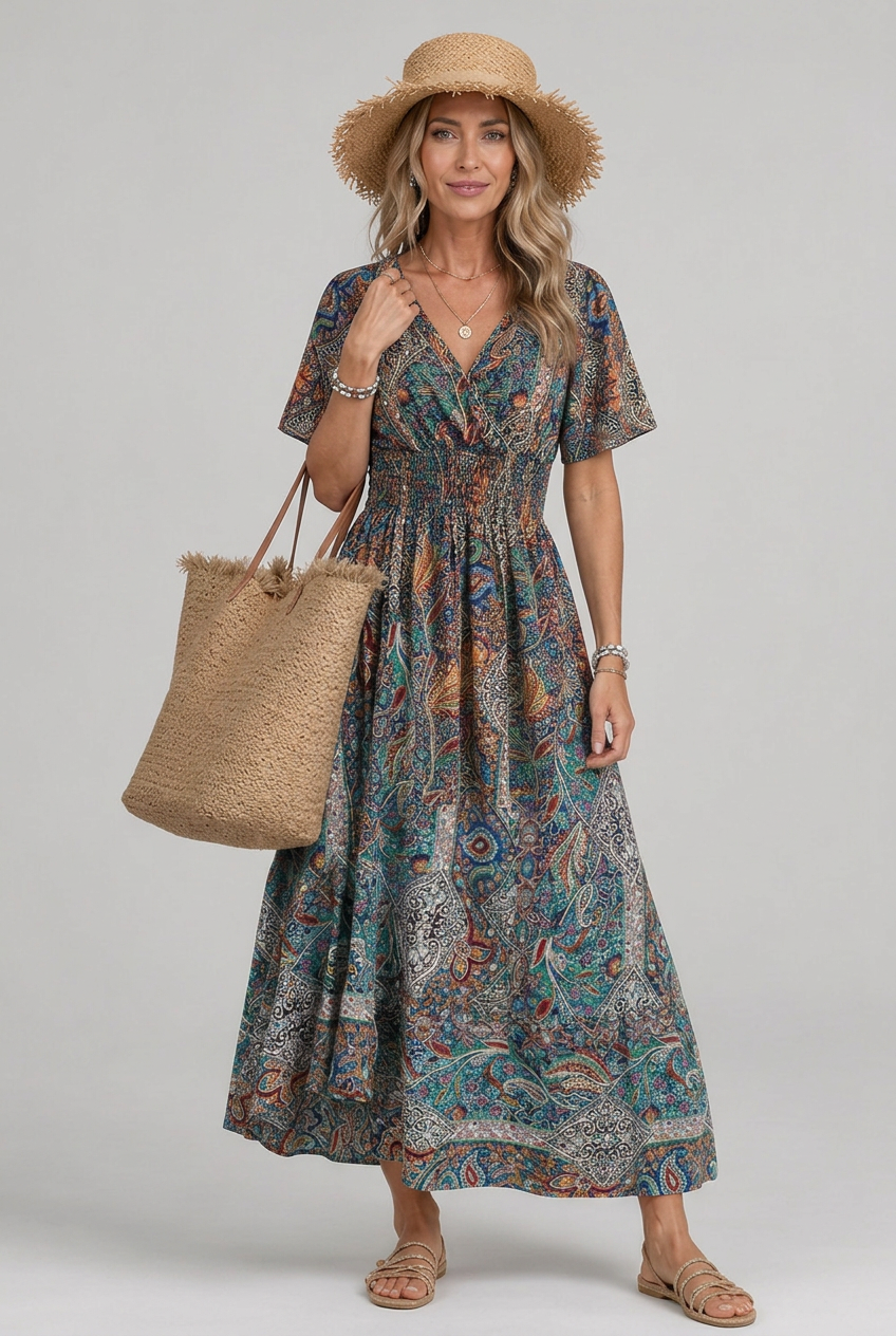 Marisela | Robe maxi à imprimé paisley bohème pour femmes avec décolleté en V et taille smockée