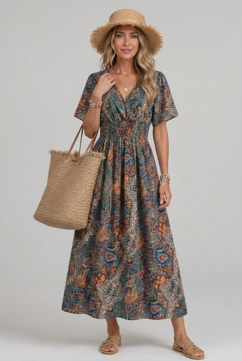 Marisela | Robe maxi à imprimé paisley bohème pour femmes avec décolleté en V et taille smockée