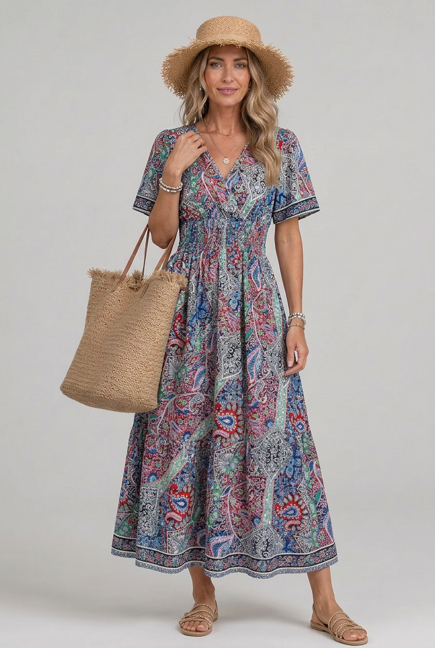 Marisela | Robe maxi à imprimé paisley bohème pour femmes avec décolleté en V et taille smockée
