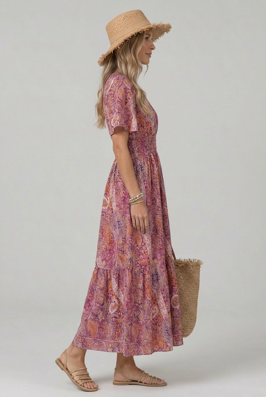 Marisela | Robe Maxi Femme en Imprimé Paisley Bohémien à Col V et Taille Smockée