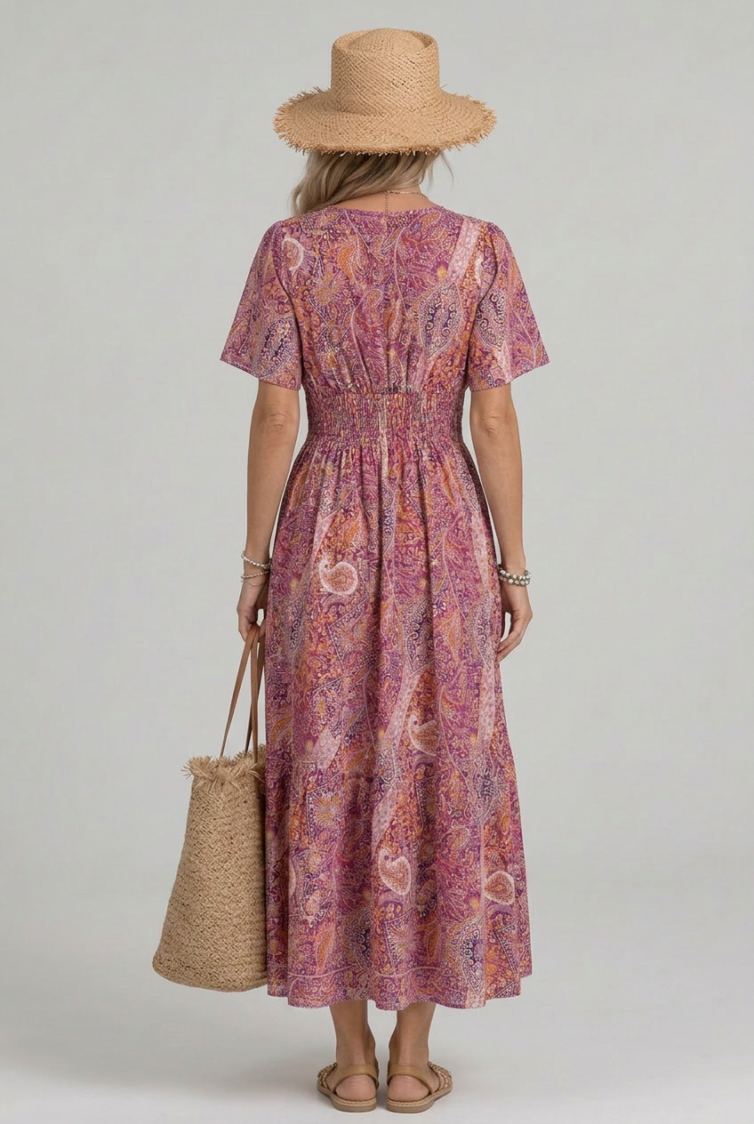 Marisela | Robe Maxi Femme en Imprimé Paisley Bohémien à Col V et Taille Smockée