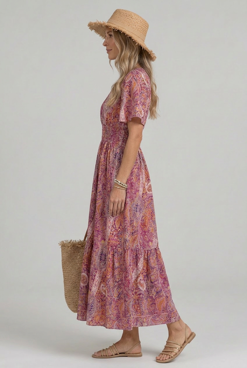 Marisela | Robe maxi à imprimé paisley bohème pour femmes avec décolleté en V et taille smockée