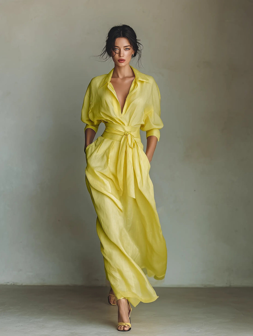 Robe Maxi Femme | Robe Chemise avec Décolleté en V & Ceinture à Nouer