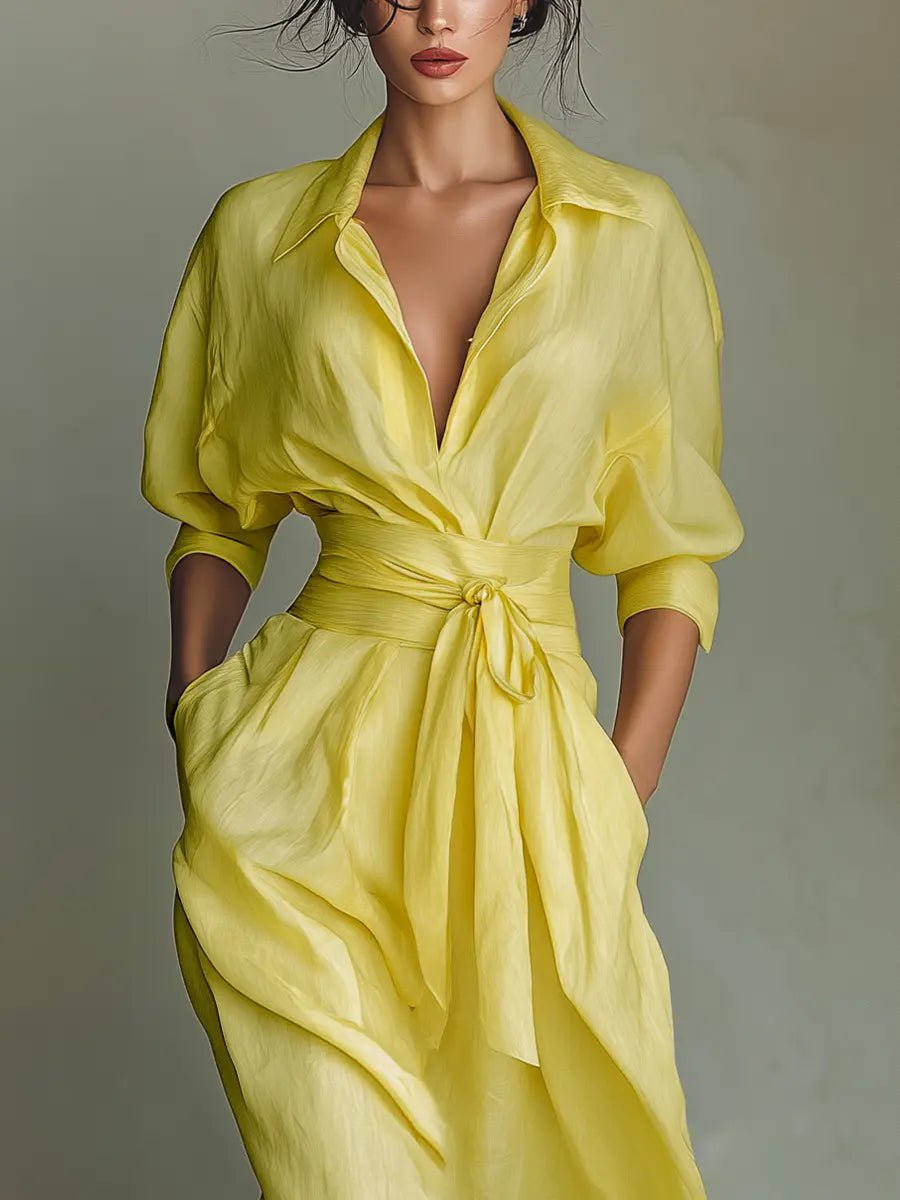 Robe Maxi Femme | Robe Chemise avec Décolleté en V & Ceinture à Nouer