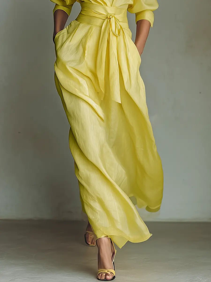 Robe Maxi Femme | Robe Chemise avec Décolleté en V & Ceinture à Nouer