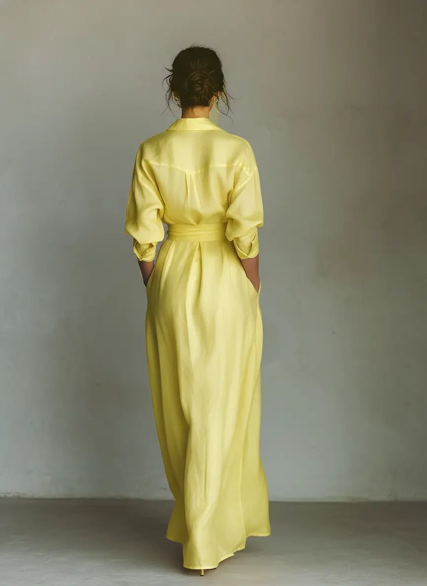 Robe Maxi Femme | Robe Chemise avec Décolleté en V & Ceinture à Nouer