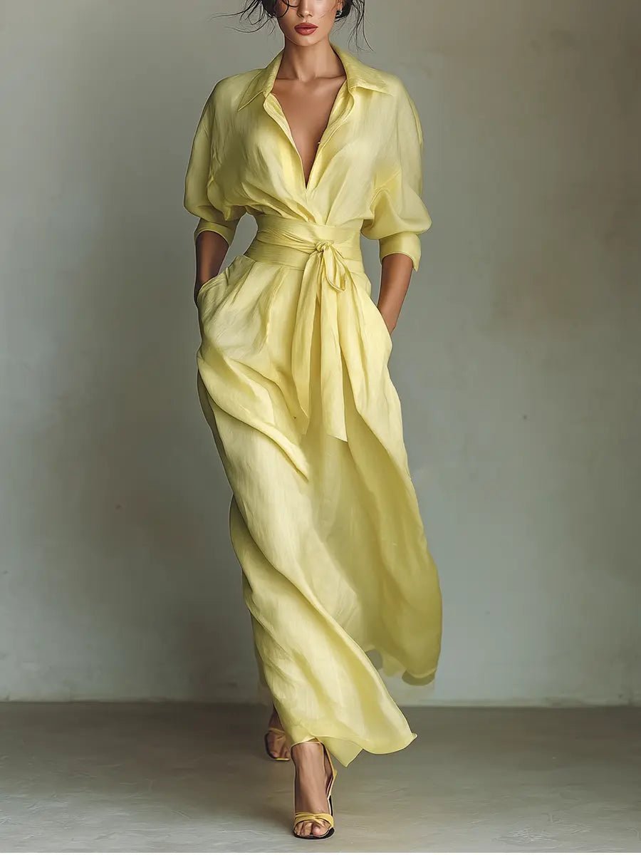 Robe Maxi Femme | Robe Chemise avec Décolleté en V & Ceinture à Nouer