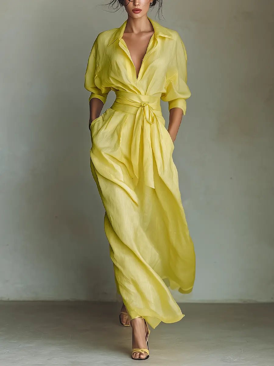 Robe Maxi Femme | Robe Chemise avec Décolleté en V & Ceinture à Nouer