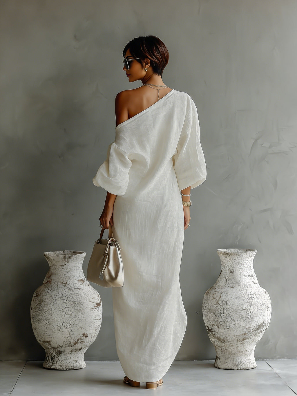 Robe Maxi Femme | Design Une Épaule avec Manches Volumineuses