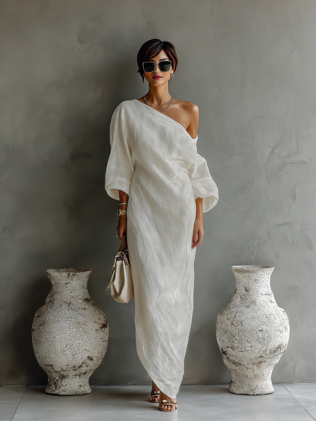 Robe Maxi Femme | Design Une Épaule avec Manches Volumineuses